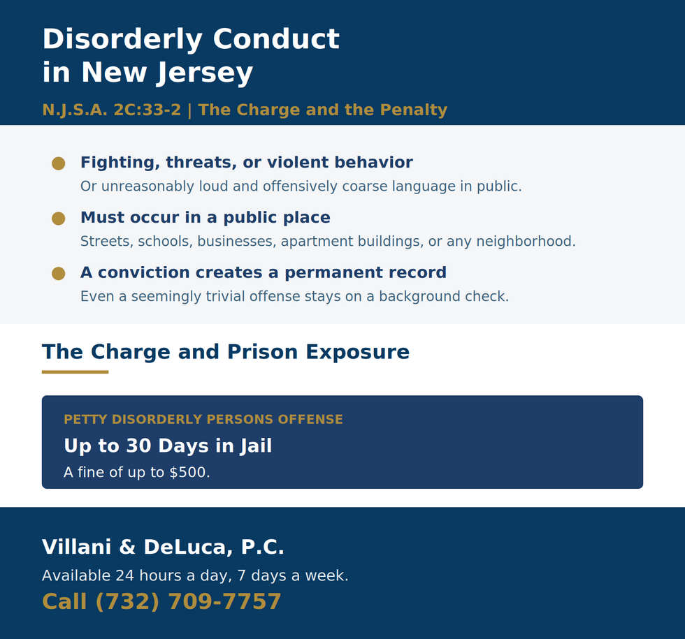 New Jersey disorderly conduct penalty chart under N.J.S.A. 2C:33-2: a petty disorderly persons offense carrying up to 30 days in jail and a fine of up to $500, requiring conduct in a public place.