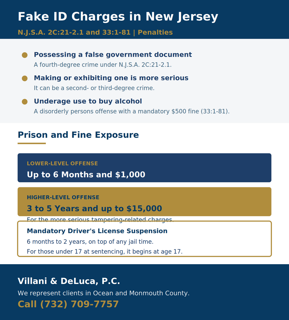 New Jersey fake ID penalty chart under N.J.S.A. 2C:21-2.1 and 33:1-81: up to 6 months and $1,000 or 3 to 5 years and up to $15,000, plus a mandatory 6-month to 2-year license suspension.