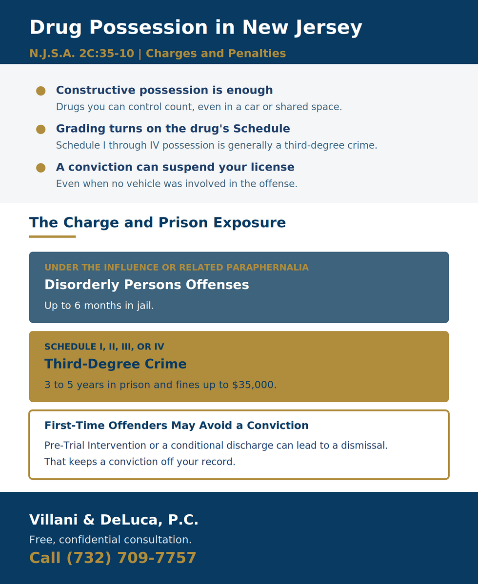 New Jersey drug possession penalty chart under N.J.S.A. 2C:35-10: Schedule I to IV simple possession is a third-degree crime carrying 3 to 5 years and fines up to $35,000, related disorderly persons offenses up to 6 months, with diversionary programs available to first-time offenders.