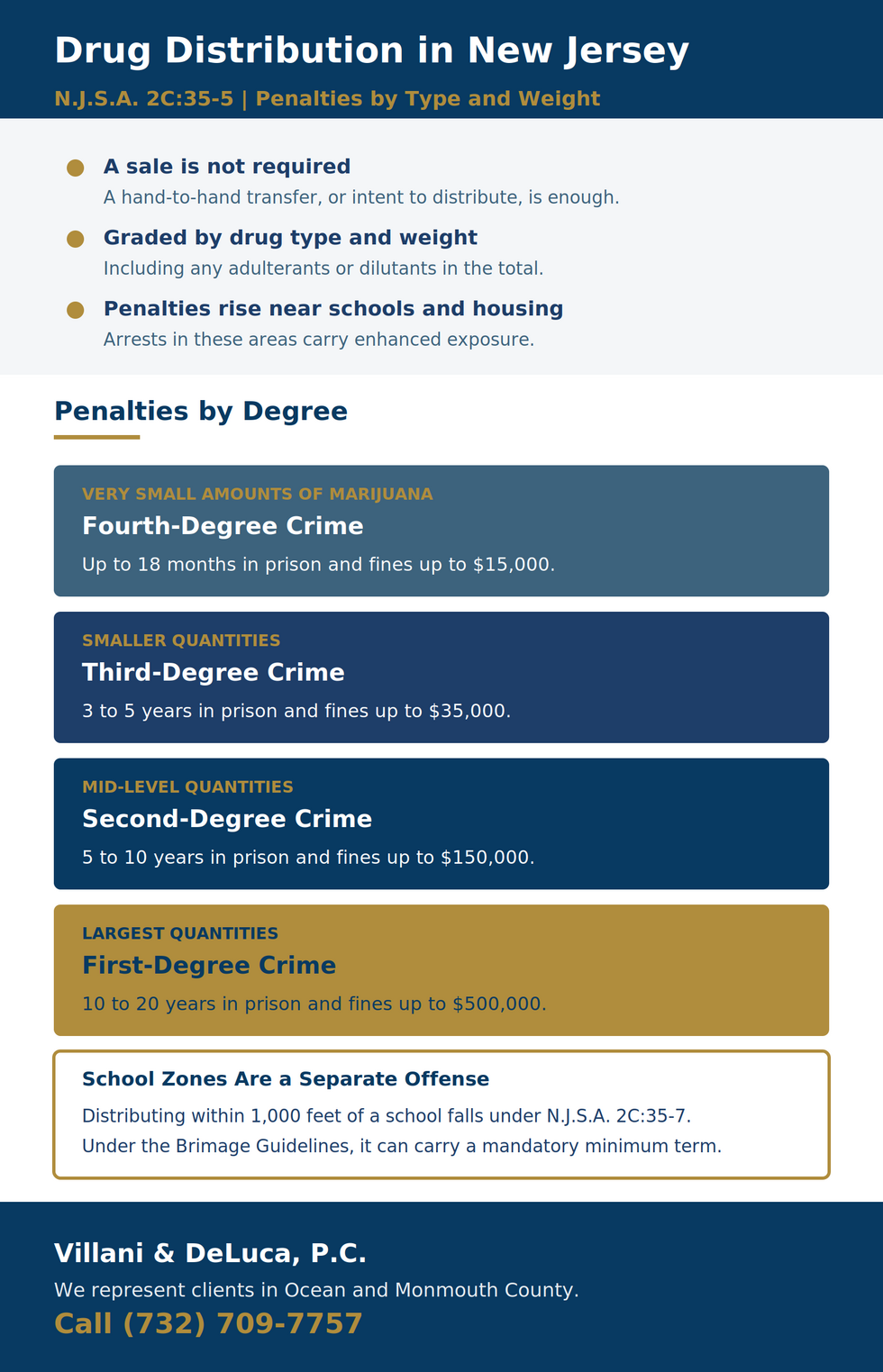New Jersey drug distribution penalty chart under N.J.S.A. 2C:35-5 graded by type and weight: fourth degree up to 18 months and $15,000, third degree 3 to 5 years and $35,000, second degree 5 to 10 years and $150,000, first degree 10 to 20 years and $500,000; school-zone distribution is a separate offense under 2C:35-7.