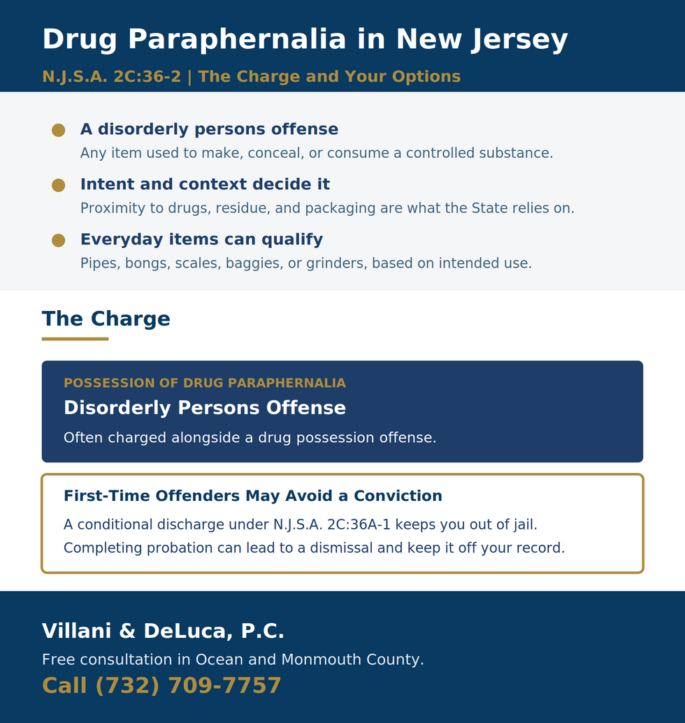 New Jersey drug paraphernalia charge under N.J.S.A. 2C:36-2: a disorderly persons offense covering any item used to make, conceal, or consume a controlled substance, often charged with drug possession, with a conditional discharge available to first-time offenders under 2C:36A-1.