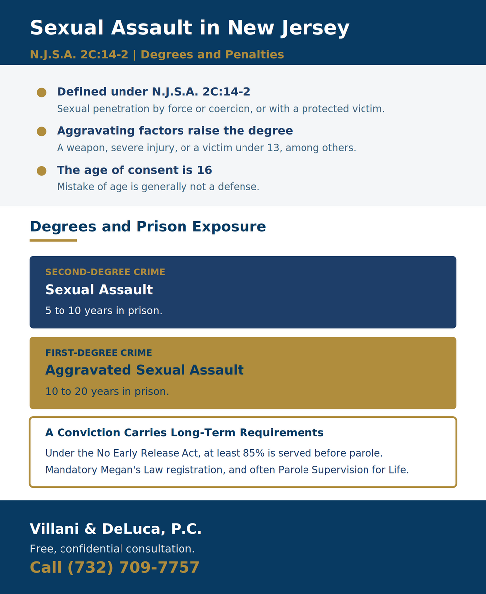 New Jersey sexual assault penalty chart under N.J.S.A. 2C:14-2: sexual assault is a second-degree crime carrying 5 to 10 years, aggravated sexual assault is a first-degree crime carrying 10 to 20 years, with No Early Release Act time served, mandatory Megan's Law registration, and often Parole Supervision for Life.