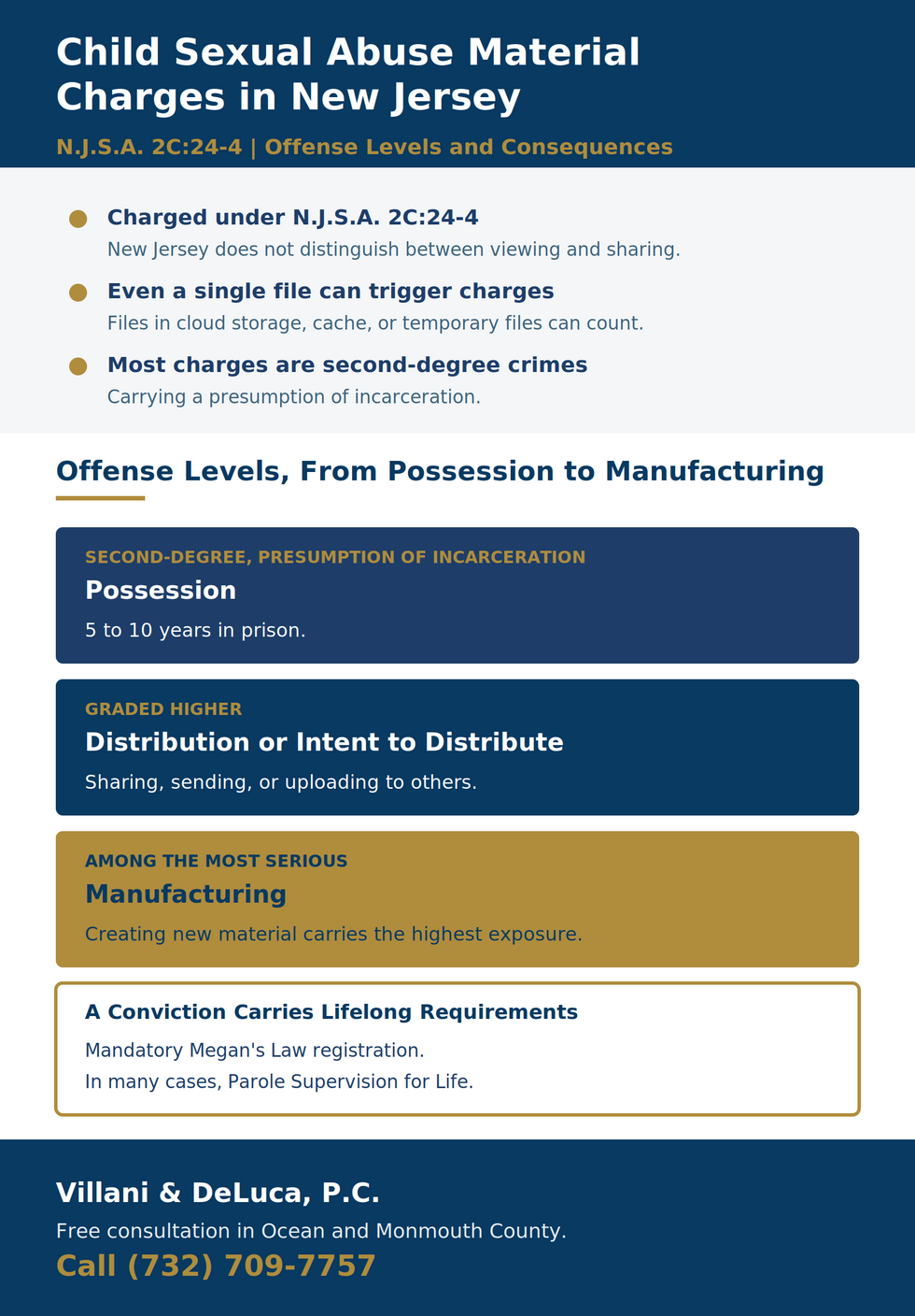New Jersey CSAM charges under N.J.S.A. 2C:24-4: possession is a second-degree crime carrying 5 to 10 years with a presumption of incarceration, distribution and possession with intent are graded higher, manufacturing carries the highest exposure, and a conviction brings mandatory Megan's Law registration and often Parole Supervision for Life.