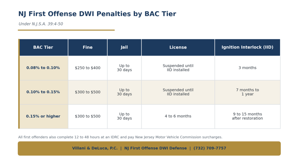 First offense DWI penalties by BAC tier under N.J.S.A. 39:4-50.
