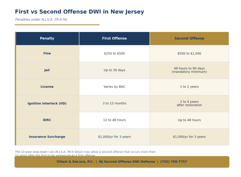 First offense vs second offense DWI penalties in New Jersey under N.J.S.A. 39:4-50.