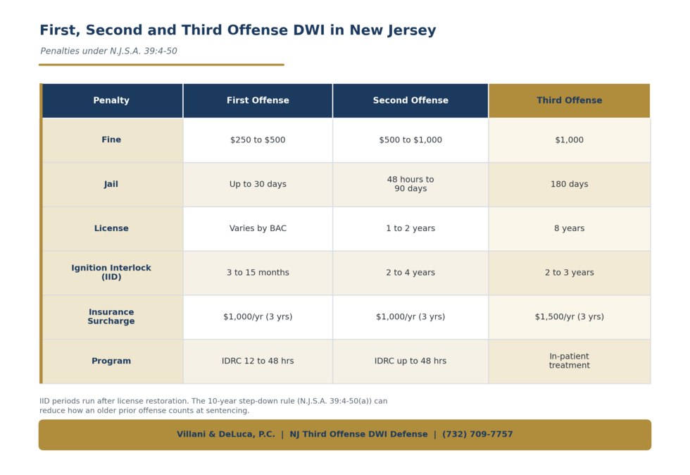First, second, and third offense DWI penalties in New Jersey under N.J.S.A. 39:4-50.