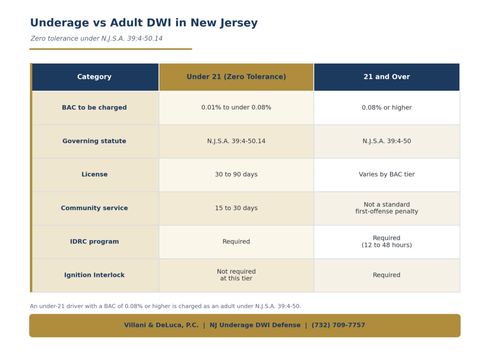 Underage zero-tolerance DWI vs adult DWI in New Jersey.