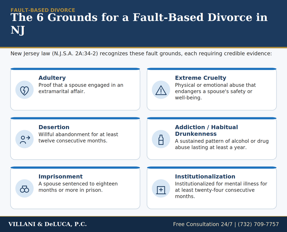 6-ground grid (2×3) with icons about fault based divorce