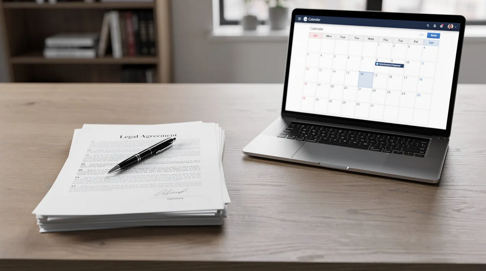 The image depicts a professional office desk featuring neatly arranged legal documents, a pen, and a laptop displaying a calendar, symbolizing the organized environment of a family law firm, where experienced divorce attorneys manage divorce proceedings and child custody arrangements. This setup reflects the legal process involved in navigating family law matters in Dallas and the importance of a structured approach in achieving a successful outcome for clients.