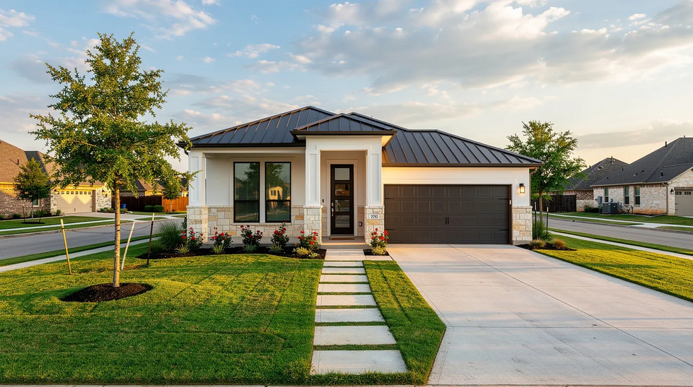 The image depicts a modern residential home situated in a suburban Texas neighborhood, surrounded by a lush green lawn and mature trees, embodying the family-oriented atmosphere of the area. This inviting scene reflects the community where families may seek support from experienced divorce attorneys for family law matters, including child custody arrangements and divorce proceedings.