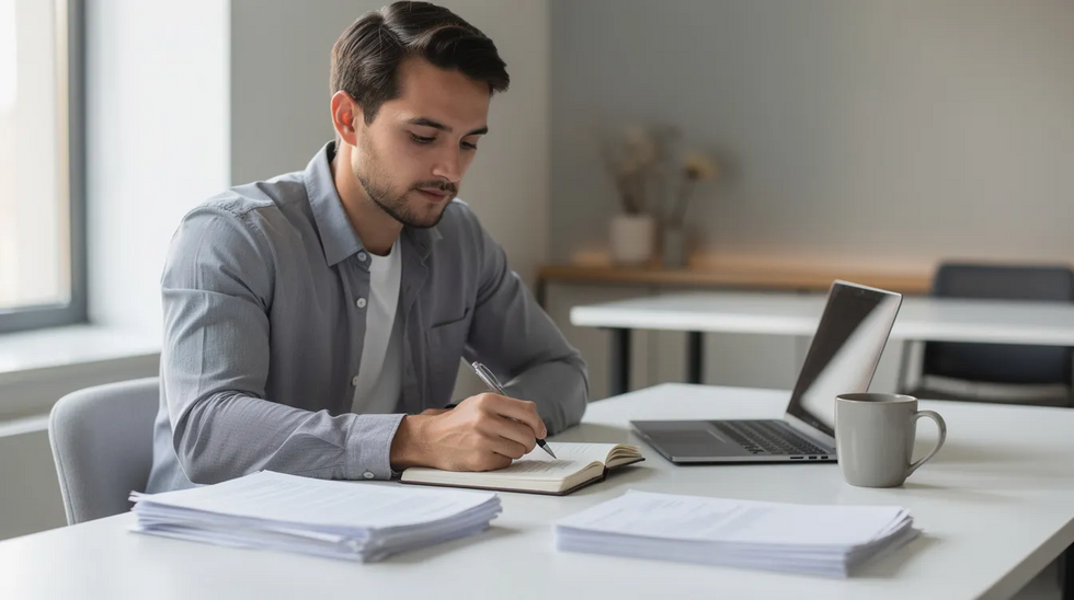 An individual is seated at a clean, modern desk, reviewing legal documents and taking notes, likely related to family law matters such as divorce proceedings or child custody arrangements. The organized workspace suggests a focus on navigating the legal process with the assistance of experienced divorce attorneys.