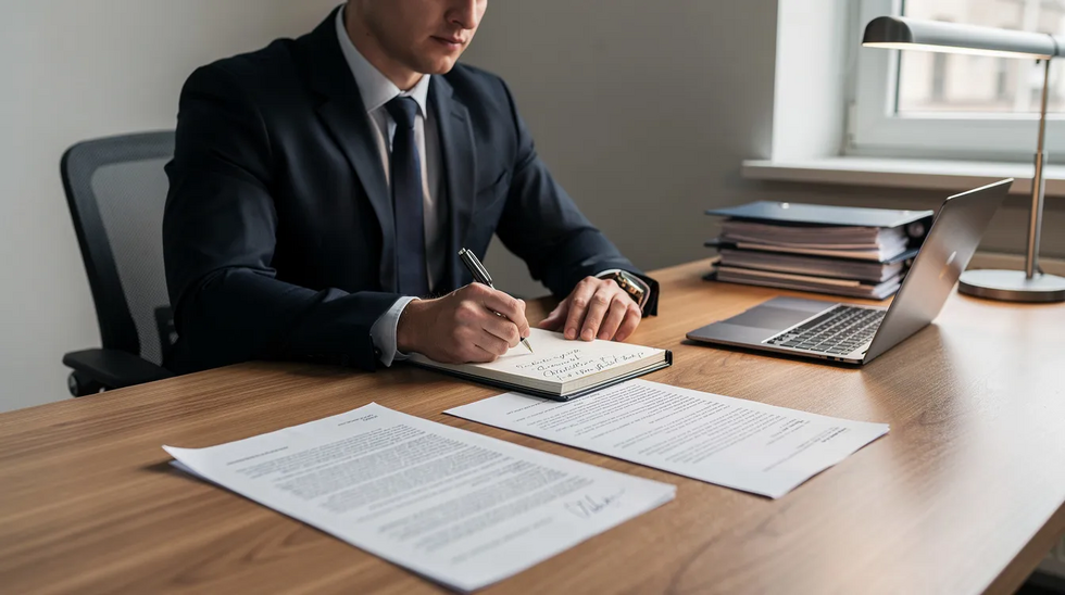 A professional attorney is seated at a desk, carefully reviewing legal documents with a pen in hand and a notepad nearby. This scene reflects the diligent work of experienced divorce attorneys in San Antonio, focusing on family law matters such as divorce proceedings and child custody arrangements.