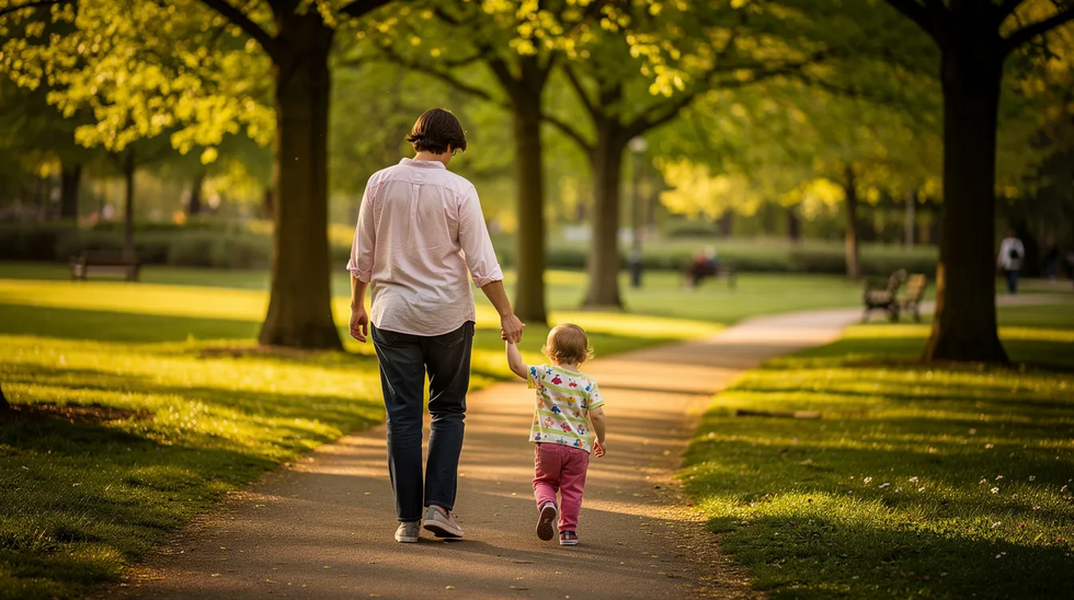 An image depicting a parent gently holding a child's hand while strolling through a park filled with trees, symbolizing family unity and care. This scene reflects the importance of child custody arrangements and the best interests of children in family law matters, particularly relevant for families navigating divorce proceedings in San Antonio.