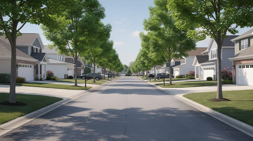 The image depicts a picturesque suburban neighborhood featuring residential homes with well-maintained driveways and mature trees lining the streets, creating a serene environment for families. This setting reflects the community where local residents may seek the assistance of experienced divorce attorneys in San Antonio for family law matters, such as child custody arrangements and divorce proceedings.