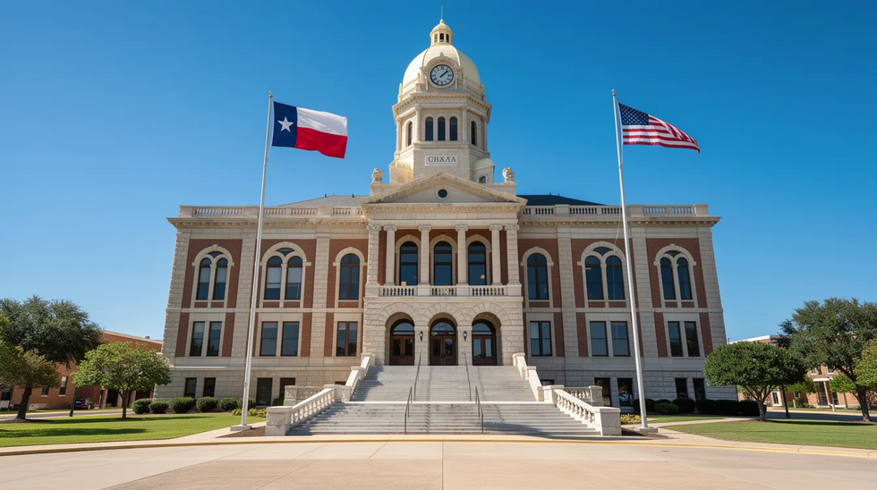 The image shows the exterior of a Texas courthouse building on a clear day, featuring a grand entrance with large columns and steps leading up to the doors. This courthouse is often the site for legal proceedings, including contested divorce cases and child custody arrangements under Texas law.