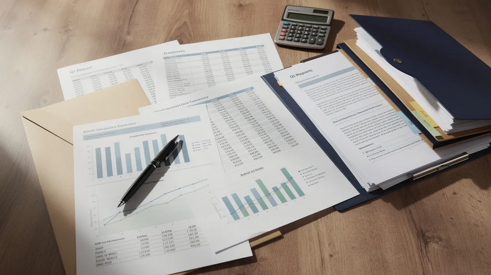 The image features an assortment of financial documents and folders spread across a wooden desk, highlighting the complexities involved in divorce proceedings, such as contested divorce cases and financial records related to asset division and spousal support. This setting emphasizes the importance of having the right legal representation during the divorce process.