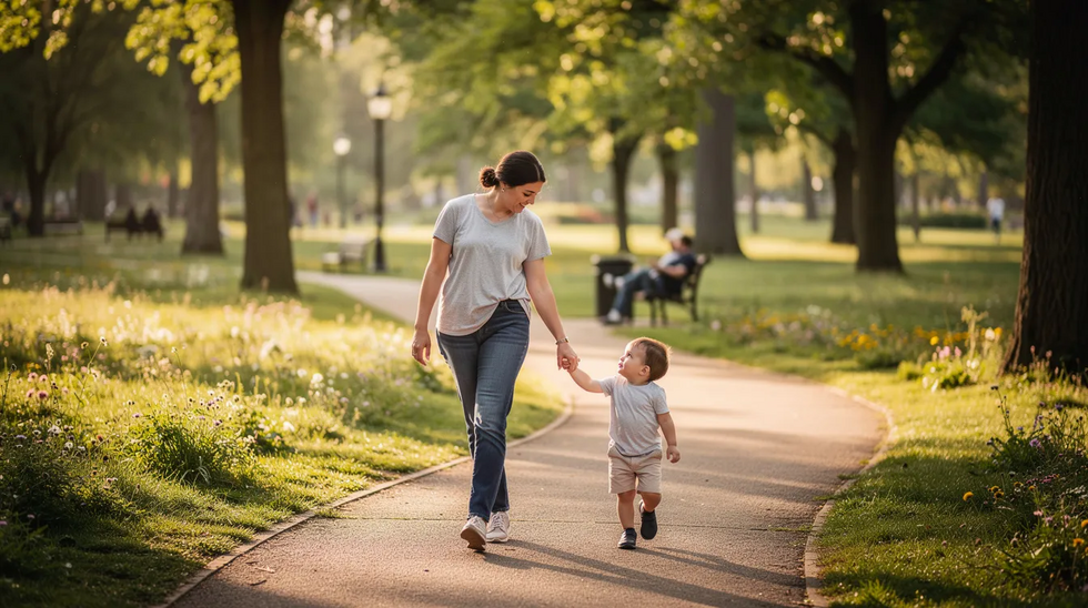 The image depicts a parent walking hand-in-hand with a young child in a lush park, surrounded by green trees and a sunny sky. This scene reflects the importance of maintaining strong child custody arrangements and the emotional support that can help families navigate complex family law matters during a contested divorce.