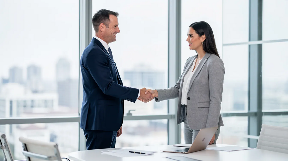 The image depicts two professionals shaking hands in a bright office setting, symbolizing a successful resolution of legal matters such as contested divorce or child custody arrangements. This moment may reflect their collaboration in navigating the divorce process and reaching a mutual agreement.