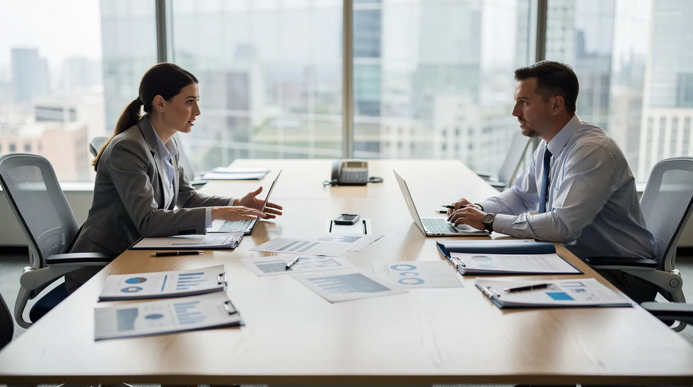 The image depicts a professional meeting room with two individuals engaged in a discussion over documents spread across a conference table, focusing on the complexities of high asset divorce and property division. The paperwork likely includes details about community property, substantial assets, and financial interests, reflecting the serious nature of their conversation.