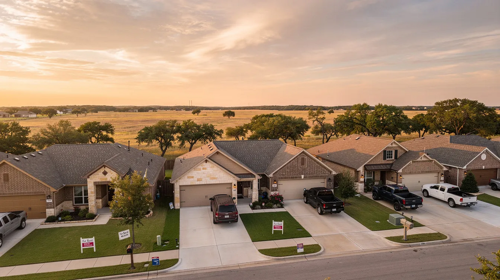 The image depicts a row of suburban houses set against a Texas landscape, symbolizing real estate holdings that may be involved in high asset divorce cases. This scene highlights the complexities of property division in a community property state, where significant real estate and other substantial assets are often at stake.