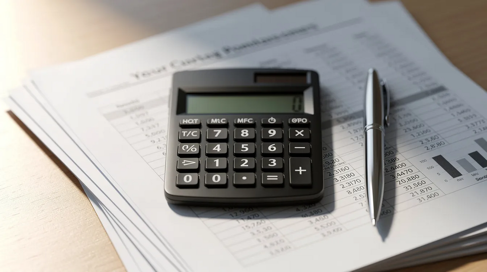 The image shows a calculator resting on top of various financial documents, with a pen placed beside it, symbolizing the careful calculations involved in property division during a high asset divorce. This scene reflects the complexities of managing substantial assets, such as retirement accounts and real estate holdings, in accordance with Texas law.
