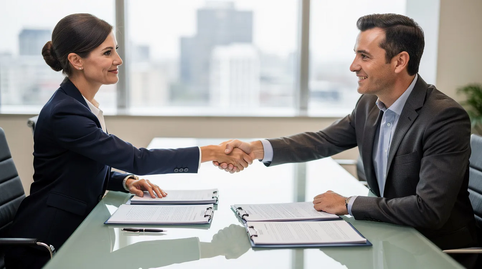 Two professionals are shaking hands across a conference table, with various documents related to property division and high asset divorce placed in front of them. The image conveys a sense of collaboration and negotiation, likely involving complex assets and financial interests in a high net worth divorce case.