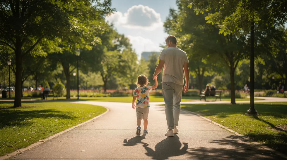 A parent is gently holding a child's hand while walking through a sunny park, symbolizing a nurturing parent-child relationship. This image reflects the importance of providing emotional support alongside financial obligations, such as child support, which can be crucial in maintaining stability for minor children.