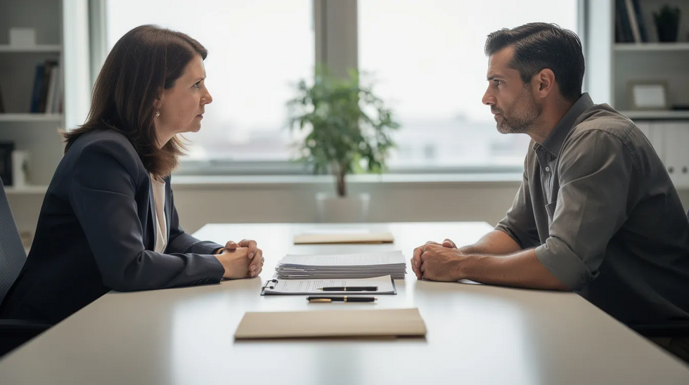 The image depicts two parents sitting across from each other at a conference table, with paperwork related to child support arrangements spread between them. They appear to be discussing important matters regarding child custody and financial support obligations for their minor children.