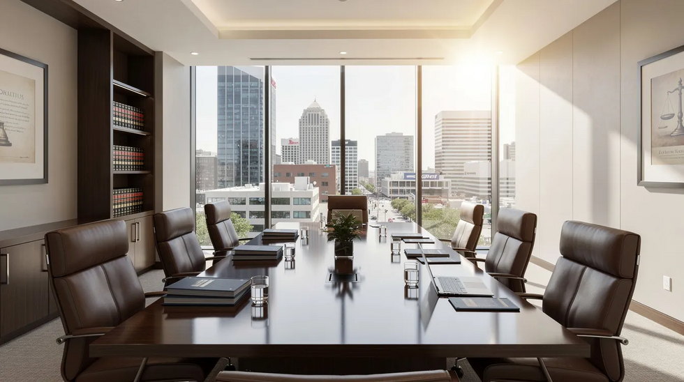 The image depicts a professional law office conference room featuring large windows that provide a panoramic view of the Texas city skyline. This setting is ideal for discussions on property division matters, including community property and separate assets, as clients seek legal guidance from experienced attorneys in San Antonio.