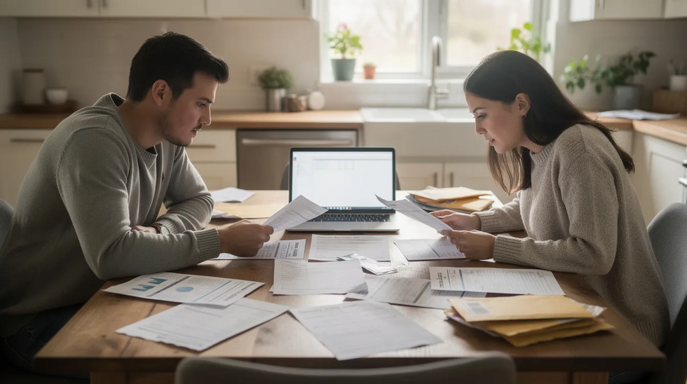 The image depicts a couple sitting at a kitchen table, surrounded by various financial documents and paperwork as they review their marital assets and debts. This scene illustrates the important aspects of property division, highlighting the couple's focus on understanding their financial future during the divorce process.