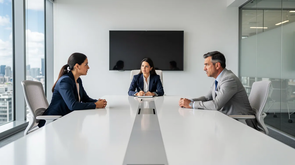 The image depicts two individuals seated at opposite ends of a long table, with a mediator positioned between them in a bright, modern conference room. This setting suggests a discussion on property division matters, possibly involving community property and marital assets, as they navigate the divorce process under Texas law.