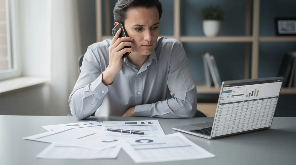 The image depicts a person sitting at a desk, engaged in a phone call while surrounded by financial documents and a laptop, suggesting they are navigating important property division matters during the divorce process. This scene highlights the need for legal guidance in understanding community property and separate assets in a community property state like Texas.