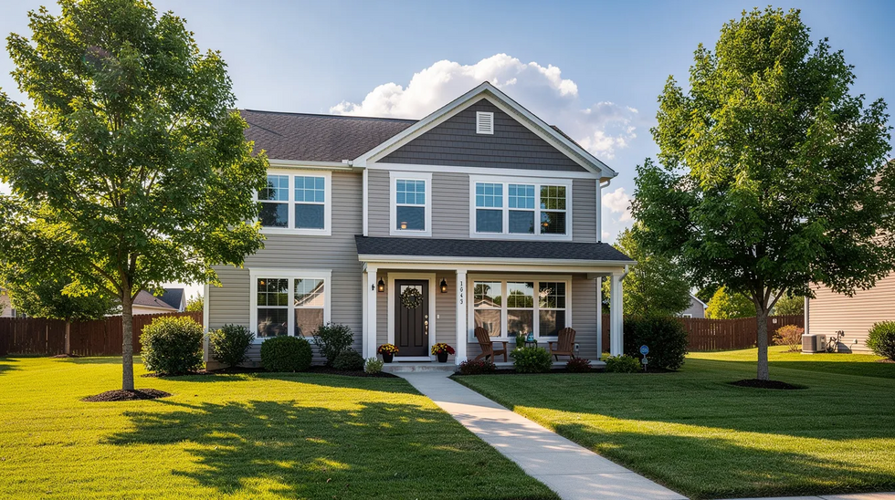 The image depicts a charming residential suburban home surrounded by a lush green front yard and tall trees, evoking a sense of tranquility. This setting may remind one of the importance of property division in family law, particularly when considering marital assets and community property in a divorce case.
