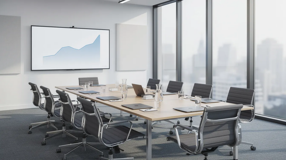The image depicts a modern professional meeting room featuring a sleek conference table surrounded by stylish chairs, suitable for discussions on property division agreements and family law matters. This setting is ideal for a Dallas property division lawyer to meet with clients regarding marital assets and the complexities of dividing property in a divorce case.