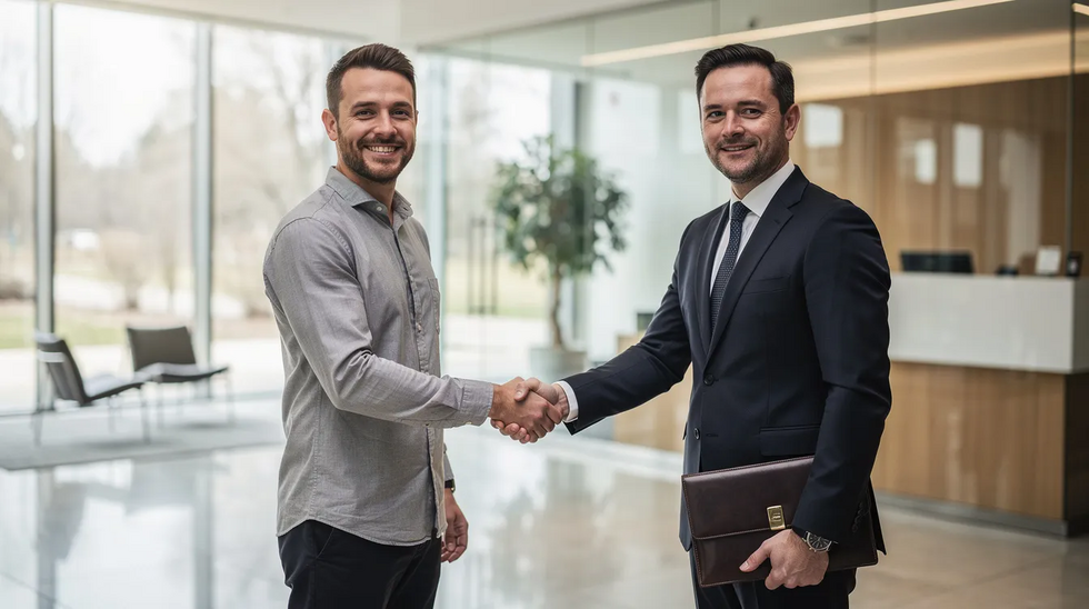 The image depicts a confident individual shaking hands with a professional in a sleek, modern law office lobby, symbolizing the beginning of a partnership in navigating property division issues during a divorce case. The setting reflects a professional atmosphere, emphasizing the importance of having an experienced Dallas property division lawyer to address complex marital assets and ensure equitable division of property.