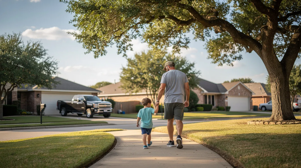 A parent walks hand-in-hand with a young child along a tree-lined path in a Texas neighborhood, symbolizing the strong parent-child relationship that is often central in child custody cases. This scene reflects the importance of nurturing family bonds, especially in the context of custody agreements and modifications.