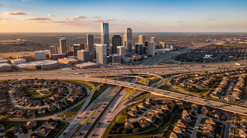 An aerial view showcases the Texas skyline, with sprawling highways connecting various suburban neighborhoods below. This image captures the essence of urban planning and the interconnectedness of communities, which can reflect the complexities of family law matters such as child custody and support in Texas.