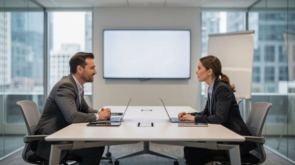 The image shows two adults engaged in a discussion at a professional meeting table, likely addressing family law matters such as child custody arrangements. Their focused expressions suggest they are navigating complex issues related to parental rights and the well-being of children involved in custody disputes.