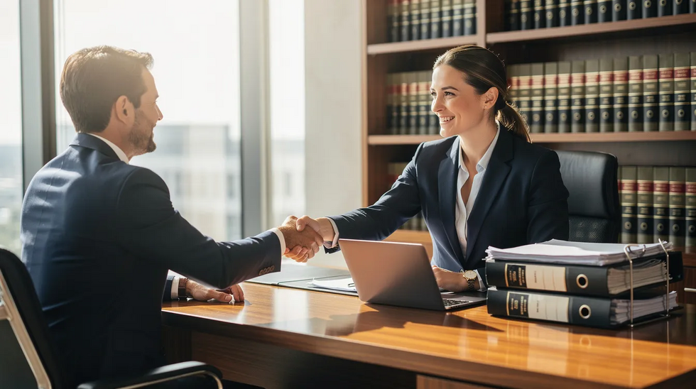 An experienced family law attorney is shaking hands with a client in a professional office setting, symbolizing the partnership in navigating child custody arrangements and legal guidance in family law matters. The atmosphere conveys trust and collaboration, essential for resolving custody disputes and ensuring the child's welfare in San Antonio, TX.