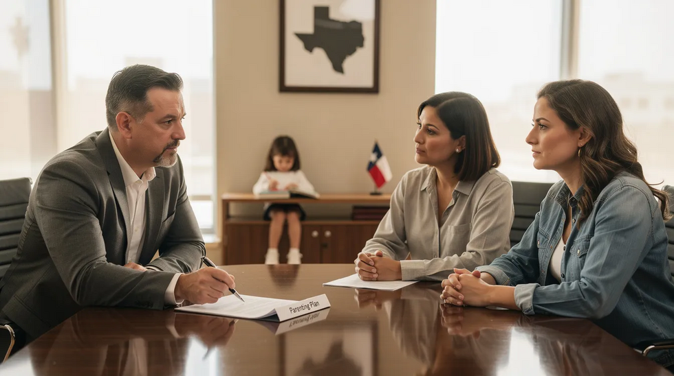 A Texas family law attorney is consulting with two separated parents at a conference table, discussing a document labeled "Parenting Plan." In the background, a young child is engaged in drawing, emphasizing the focus on the child's best interests amidst the family law process.
