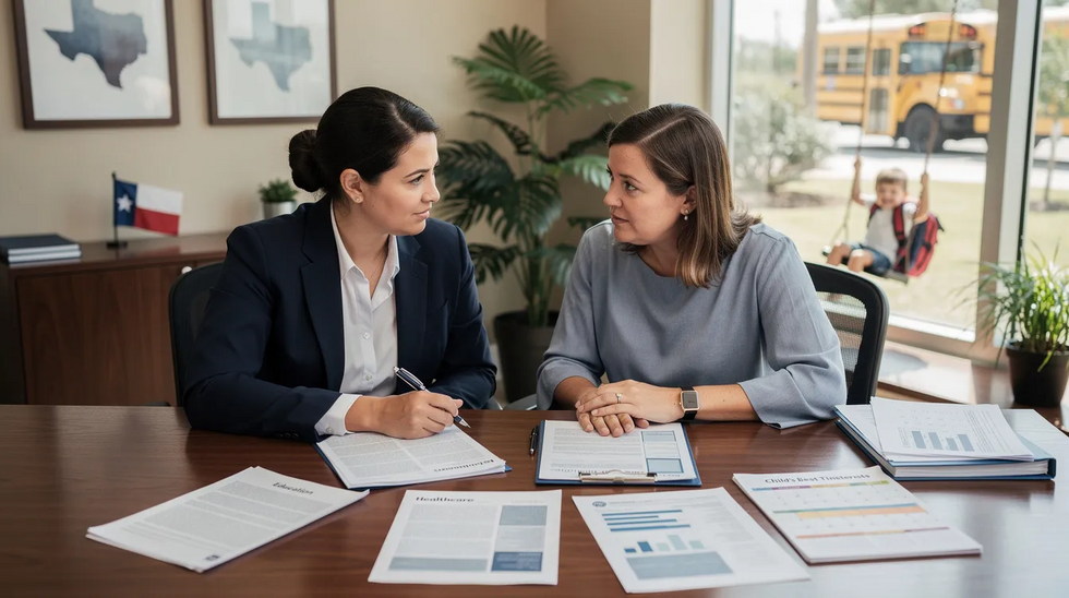 The image depicts a family law attorney in Texas consulting with a parent about a parenting plan, surrounded by important documents related to child custody arrangements, education, and healthcare. In the background, a child is joyfully engaged in a daily activity, symbolizing the focus on the child's well-being and the compassionate approach of the legal process.