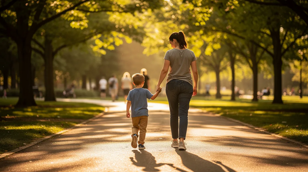 A parent and their young child walk hand-in-hand along a sunlit path in a park, surrounded by lush trees. This serene moment reflects the importance of nurturing family bonds, which can be essential in family law matters such as child custody cases and establishing parental rights.