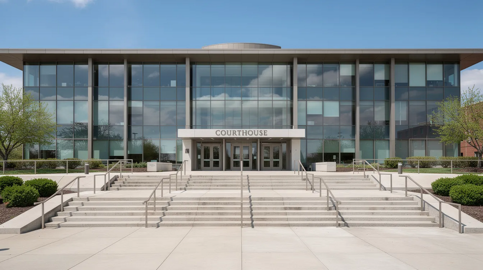 The image shows the exterior of a modern courthouse building, featuring wide steps leading up to large glass doors, set against a clear blue sky. This courthouse is a central location for family law matters, including child custody cases and legal processes related to parental rights in the Dallas area.