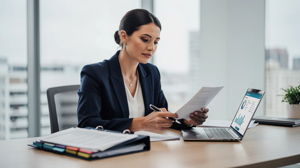 A professional woman is seated at her desk, intently reviewing documents alongside a laptop and an organized folder, reflecting a sense of focus and preparation for family law matters, such as child custody cases. Her environment suggests she is a family law attorney, dedicated to helping clients navigate the complexities of legal processes related to custody and support.