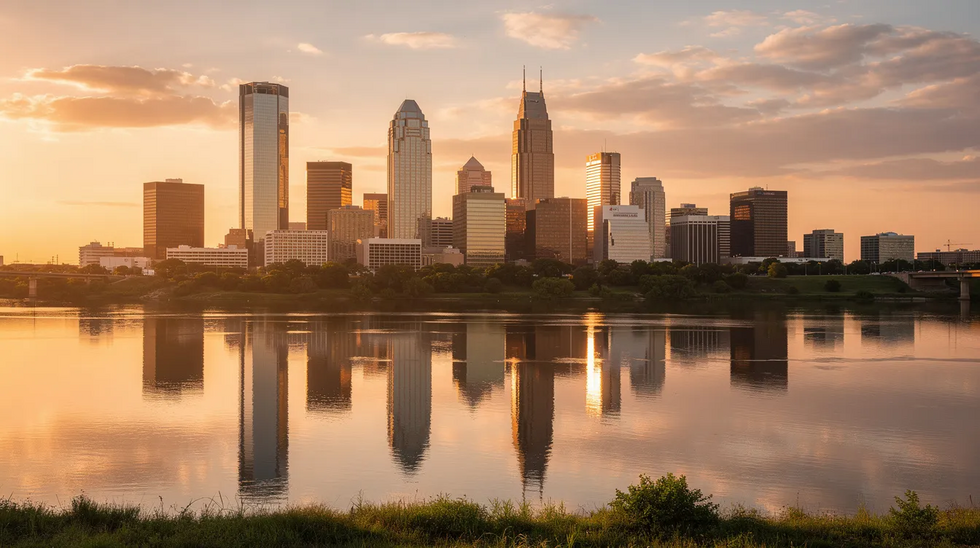 The image captures the stunning Dallas city skyline bathed in golden hour light, with the buildings beautifully reflected in the calm waters of the Trinity River. This scene symbolizes the vibrant life in the Dallas area, where family law matters such as child custody and support are navigated by skilled attorneys dedicated to protecting parental rights and the best interests of children.