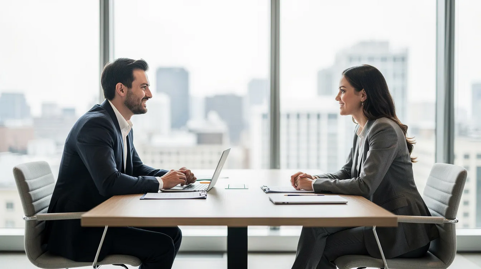 The image depicts two professionals engaged in a calm conversation across a desk in a modern office setting, likely discussing important matters related to divorce proceedings, such as child custody arrangements and the uncontested divorce process. Their demeanor suggests a collaborative approach to navigating legal issues, emphasizing the importance of understanding uncontested divorce in Texas.