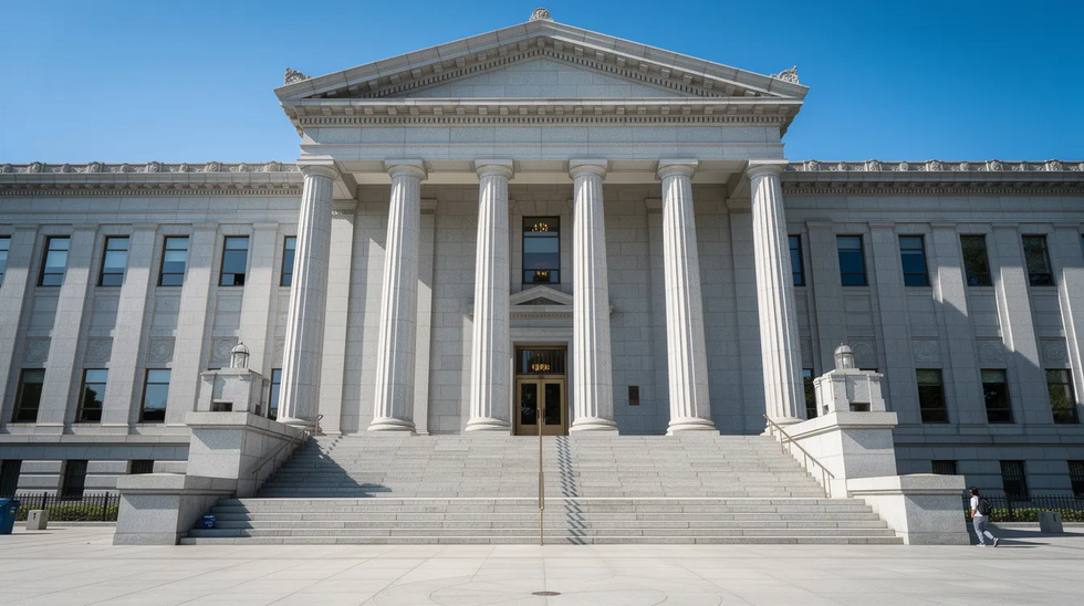 The image shows the grand entrance of a courthouse, featuring majestic stone columns and a set of wide steps leading up to the doors, all under a clear blue sky. This setting is often associated with legal proceedings, including matters such as uncontested divorce in Texas and child custody arrangements.