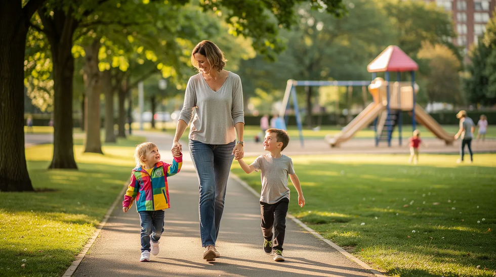 A parent is walking with two young children through a lush park, with tall trees providing shade and a colorful playground visible in the background. This scene captures a moment of family bonding, highlighting the importance of child custody arrangements in the context of divorce proceedings.
