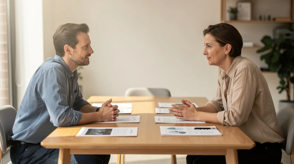 The image shows two individuals calmly discussing at a table, with various legal documents related to their uncontested divorce process placed between them. This scene reflects a cooperative approach to resolving divorce matters, potentially including child custody arrangements and property division under Texas law.