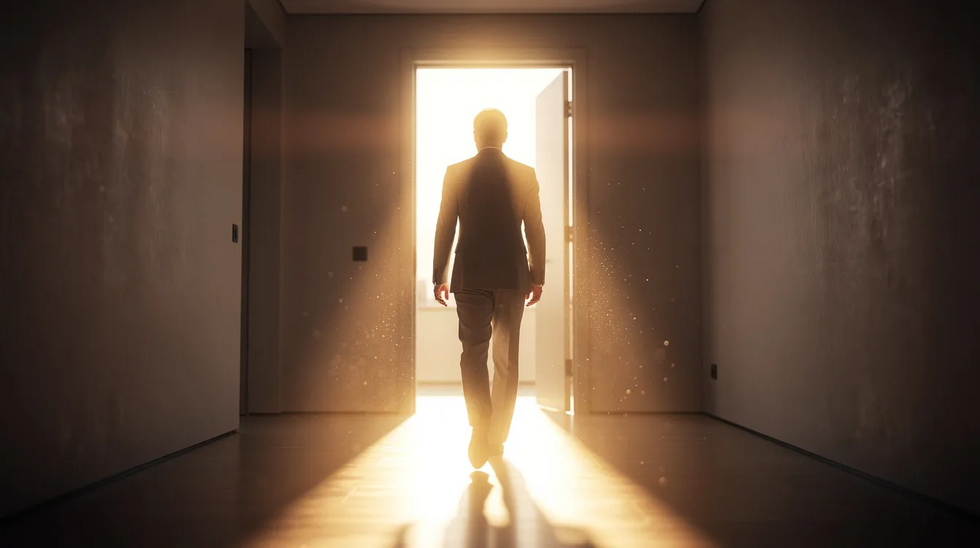 The image depicts a confident person walking toward a sunlit doorway, symbolizing a new beginning and the potential for an uncontested divorce process. This scene represents hope and the positive outcomes that can arise from navigating legal matters such as child custody and property division.